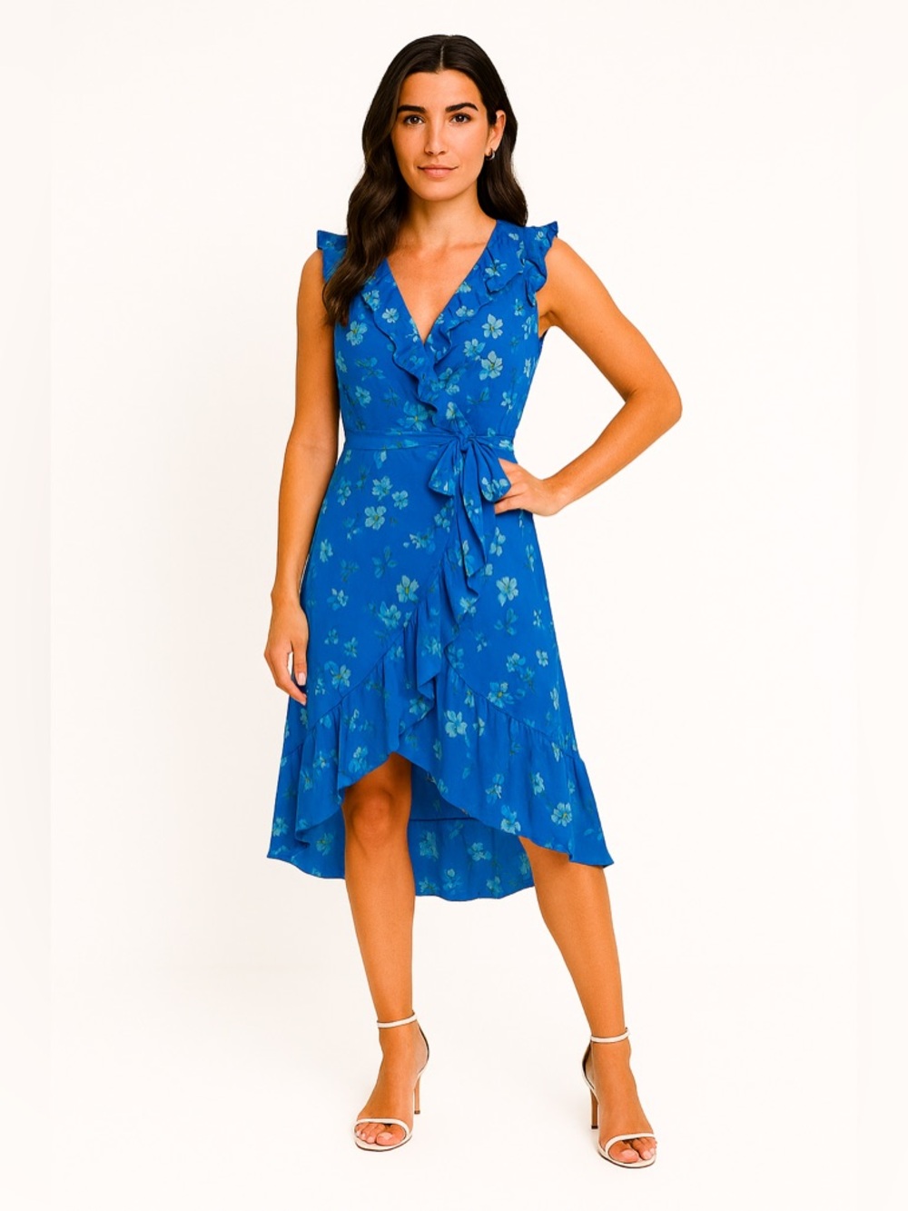 Socialite Royal Blue Floral Wrap High-Low Ruffle Hem Dress XS